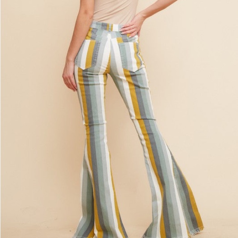 New! Hand Fringed Hem Striped‎ bell Bottom Jeans - Picture 4 of 7